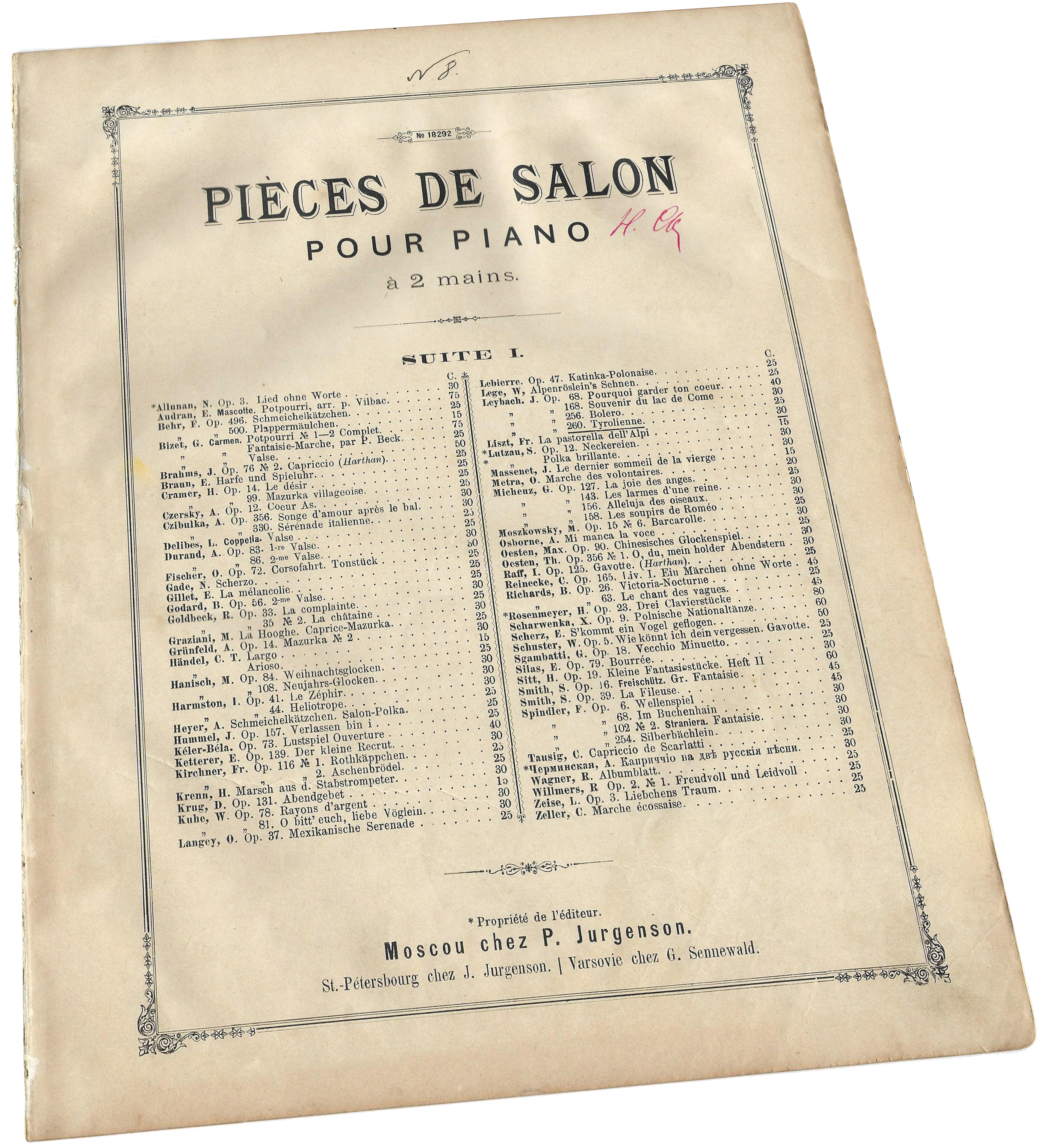 Тирольен, блестящий каприс, ноты для фортепиано, Лейбак, Юргенсон, обложка